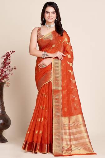 Dark orange woven self design kota doria kota doria saree with blouse