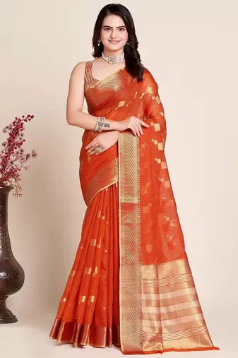 Dark orange woven self design kota doria kota doria saree with blouse