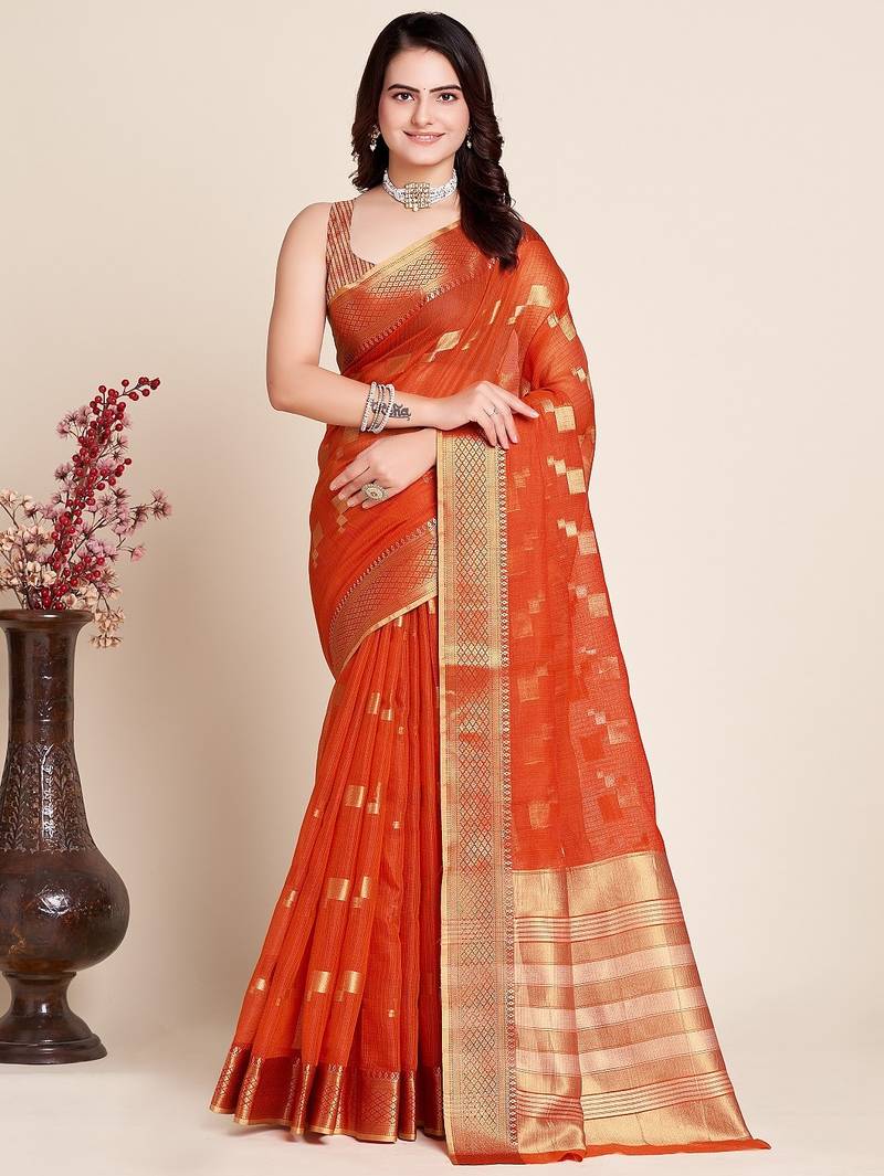 Dark orange woven self design kota doria kota doria saree with blouse