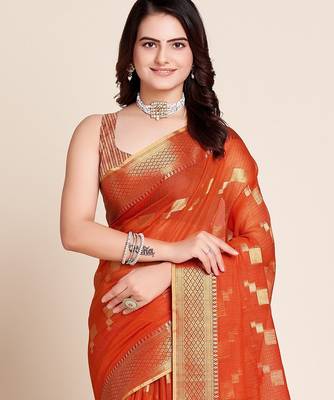 Dark orange woven self design kota doria kota doria saree with blouse 2