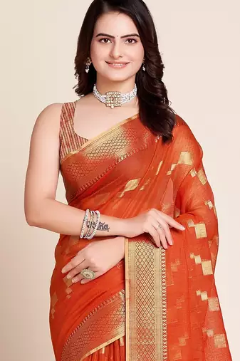 Dark orange woven self design kota doria kota doria saree with blouse