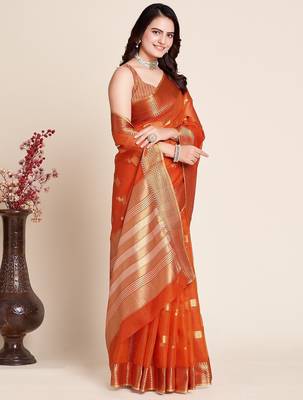 Dark orange woven self design kota doria kota doria saree with blouse 3