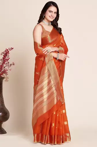 Dark orange woven self design kota doria kota doria saree with blouse