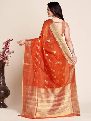 Dark orange woven self design kota doria kota doria saree with blouse 4
