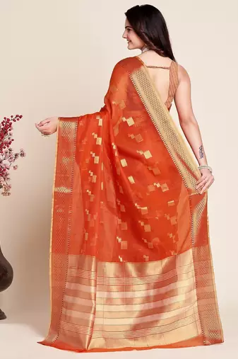 Dark orange woven self design kota doria kota doria saree with blouse