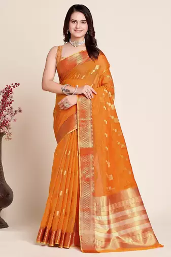 Light orange woven self design kota doria kota doria saree with blouse