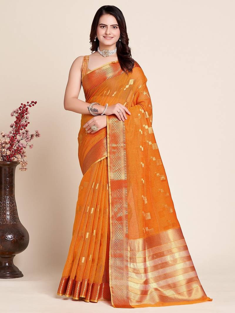 Light orange woven self design kota doria kota doria saree with blouse