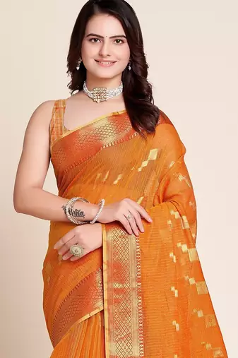 Light orange woven self design kota doria kota doria saree with blouse