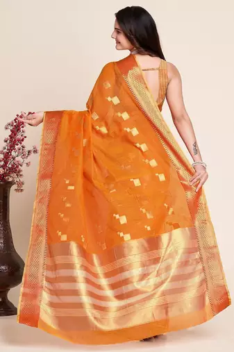Light orange woven self design kota doria kota doria saree with blouse