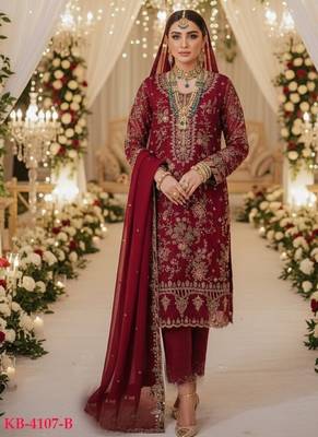 Maroon chiffon suit with embroidered sequin  1