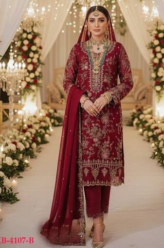 Maroon chiffon semi stitched suit with embroidery & sequence work