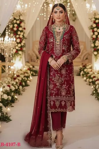 Maroon chiffon semi stitched suit with embroidery & sequence work