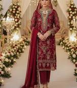 Maroon chiffon semi stitched suit with embroidery & sequence work