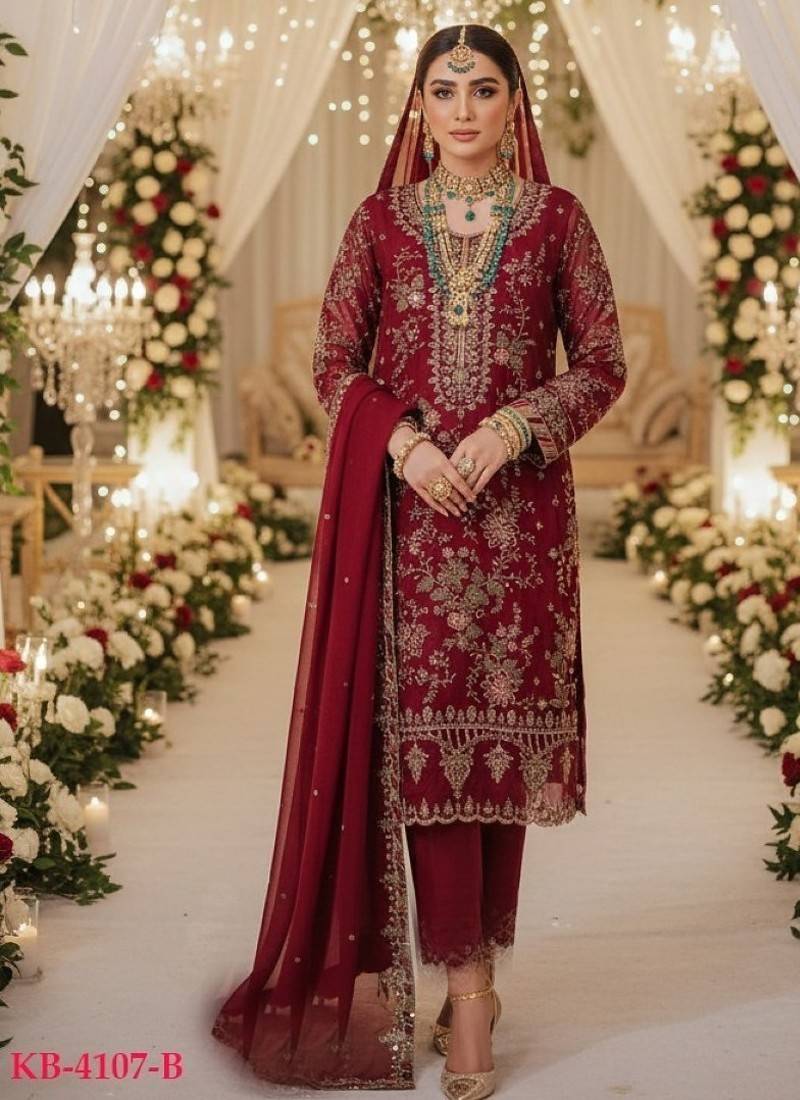 Maroon chiffon semi stitched suit with embroidery & sequence work