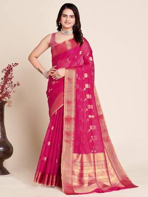 Pink woven self design kota doria kota doria saree with blouse 1