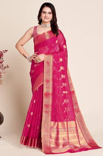 Pink woven self design kota doria kota doria saree with blouse