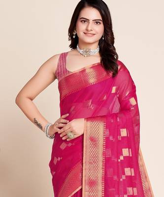 Pink woven self design kota doria kota doria saree with blouse 2
