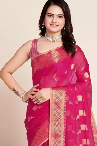 Pink woven self design kota doria kota doria saree with blouse