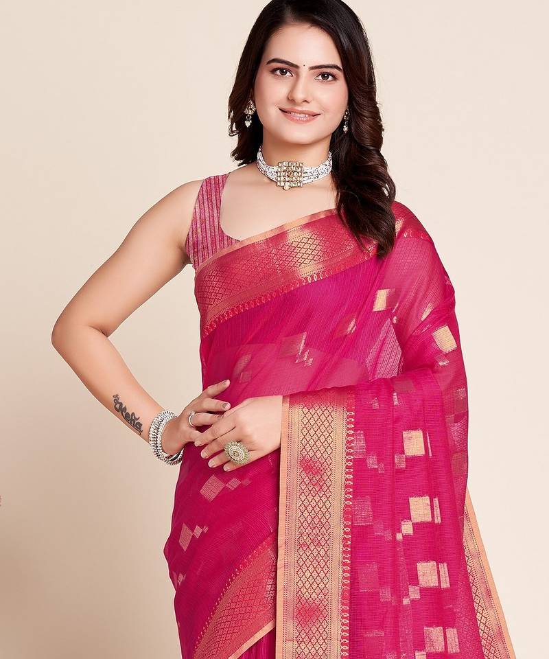 Pink woven self design kota doria kota doria saree with blouse