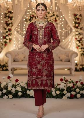 Maroon chiffon suit with embroidered sequin  2