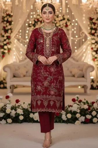 Maroon chiffon suit with embroidered sequin 