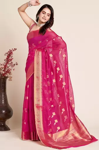 Pink woven self design kota doria kota doria saree with blouse