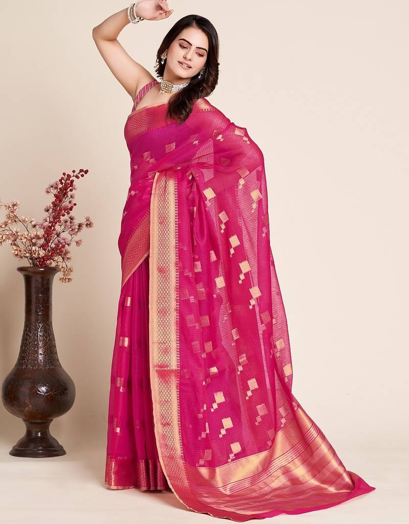 Pink woven self design kota doria kota doria saree with blouse