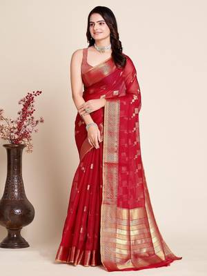 Red woven self design kota doria kota doria saree with blouse 1