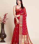 Red woven self design kota doria kota doria saree with blouse