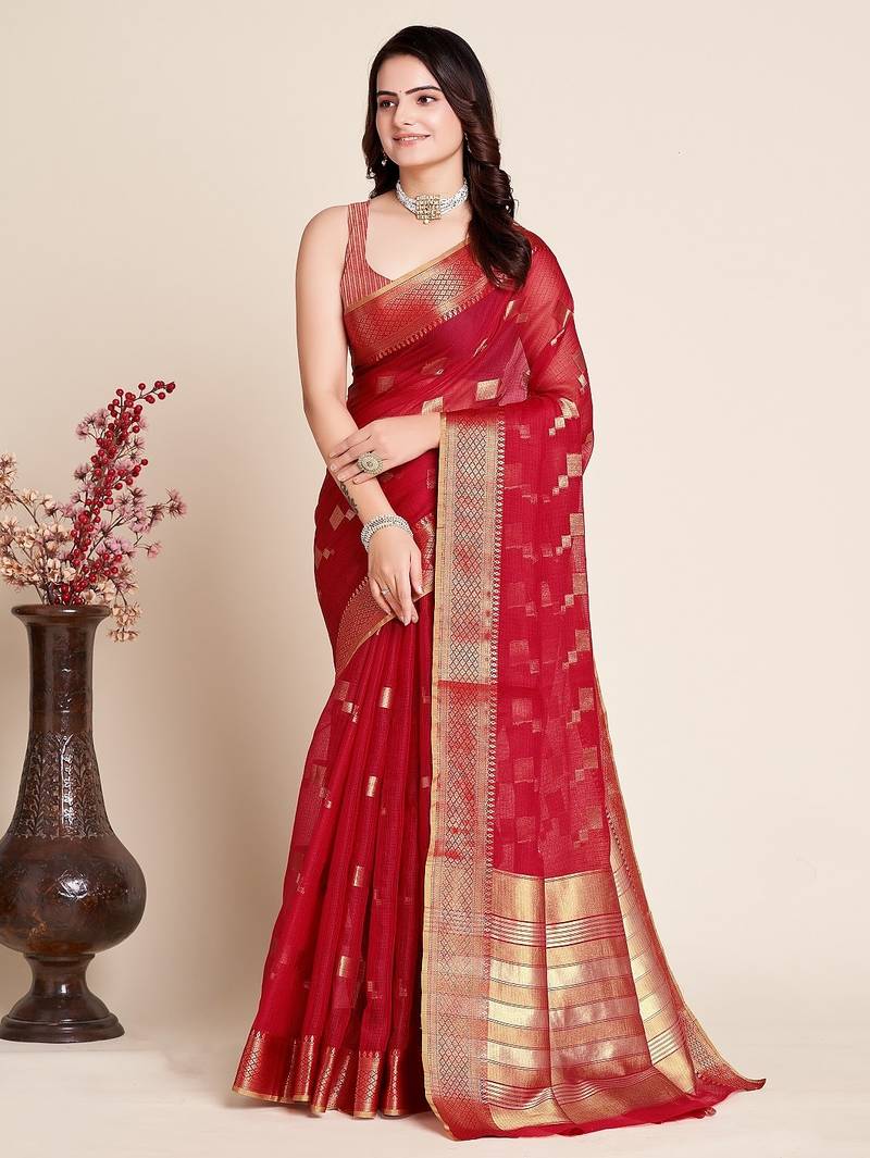Red woven self design kota doria kota doria saree with blouse