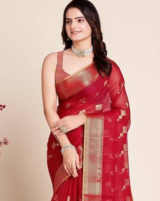 Red woven self design kota doria kota doria saree with blouse 2