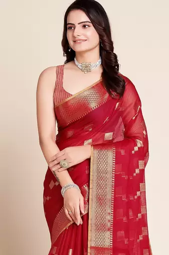 Red woven self design kota doria kota doria saree with blouse