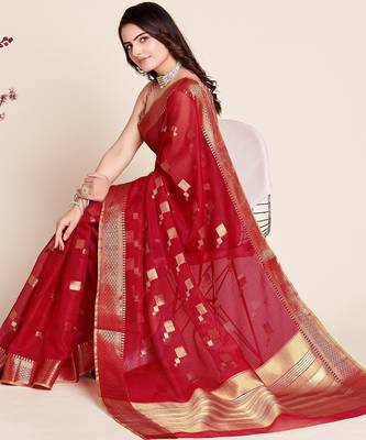 Red woven self design kota doria kota doria saree with blouse 3