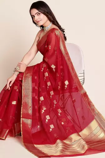 Red woven self design kota doria kota doria saree with blouse