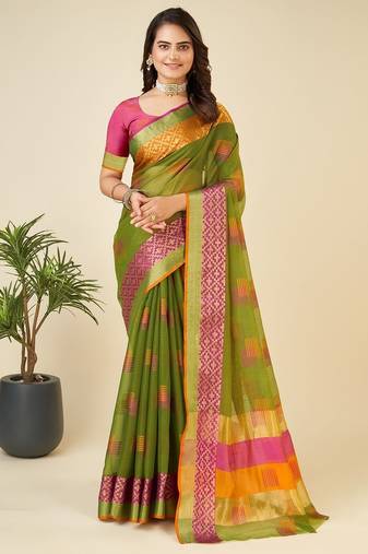 Mehendi woven self design kota doria kota doria saree with blouse