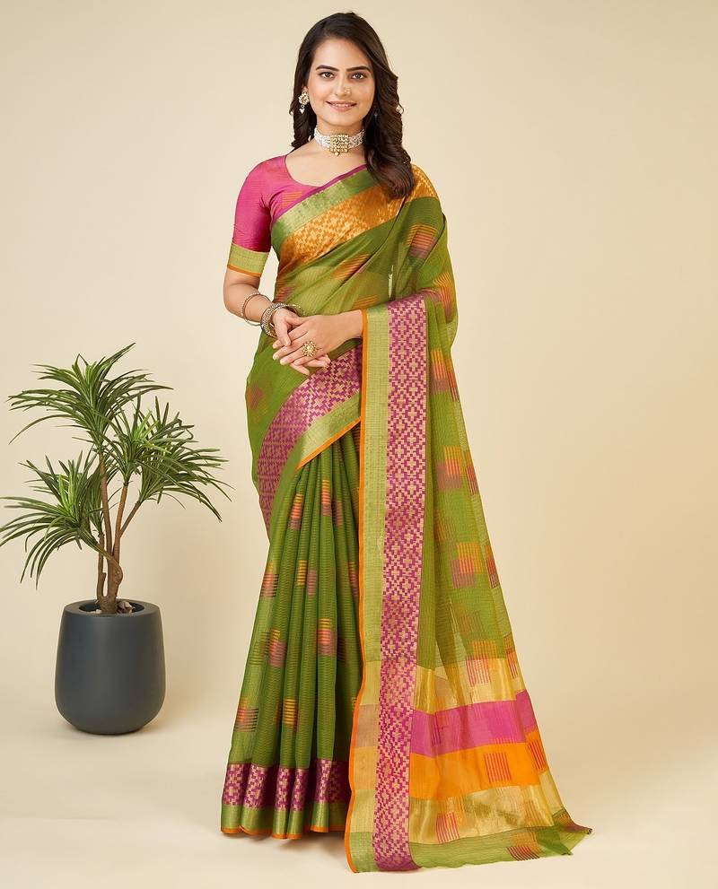 Mehendi woven self design kota doria kota doria saree with blouse