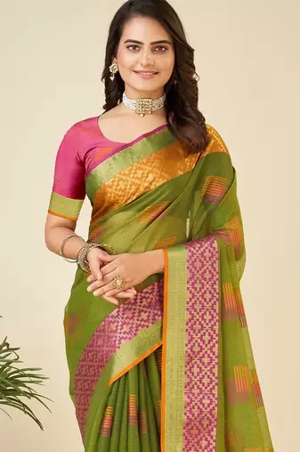 Mehendi woven self design kota doria kota doria saree with blouse