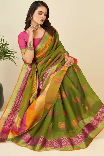 Mehendi woven self design kota doria kota doria saree with blouse