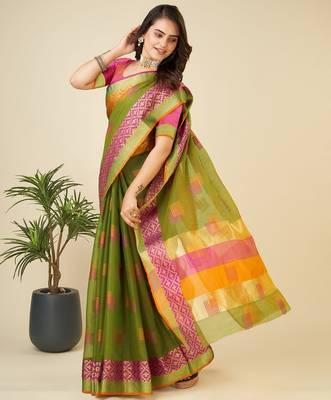 Mehendi woven self design kota doria kota doria saree with blouse 4