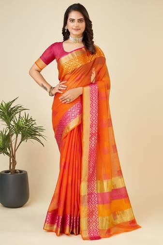 Orange woven self design kota doria kota doria saree with blouse