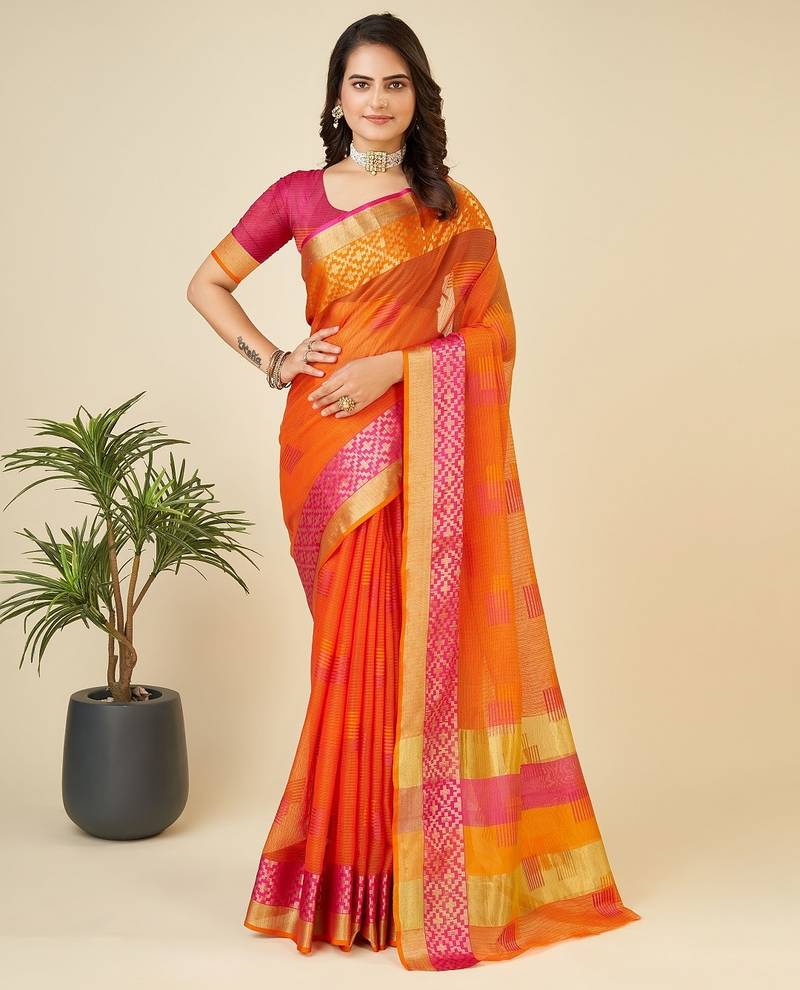 Orange woven self design kota doria kota doria saree with blouse