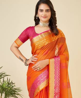 Orange woven self design kota doria kota doria saree with blouse 2