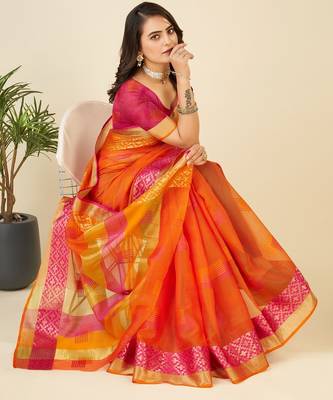 Orange woven self design kota doria kota doria saree with blouse 3