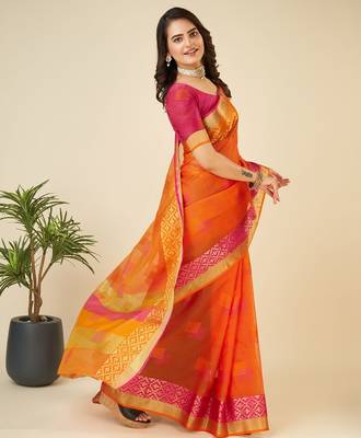 Orange woven self design kota doria kota doria saree with blouse 4
