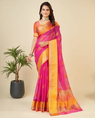 Pink woven self design kota doria kota doria saree with blouse 1