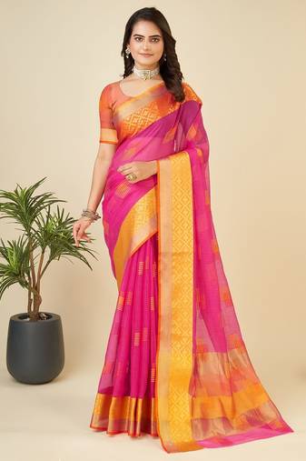 Pink woven self design kota doria kota doria saree with blouse
