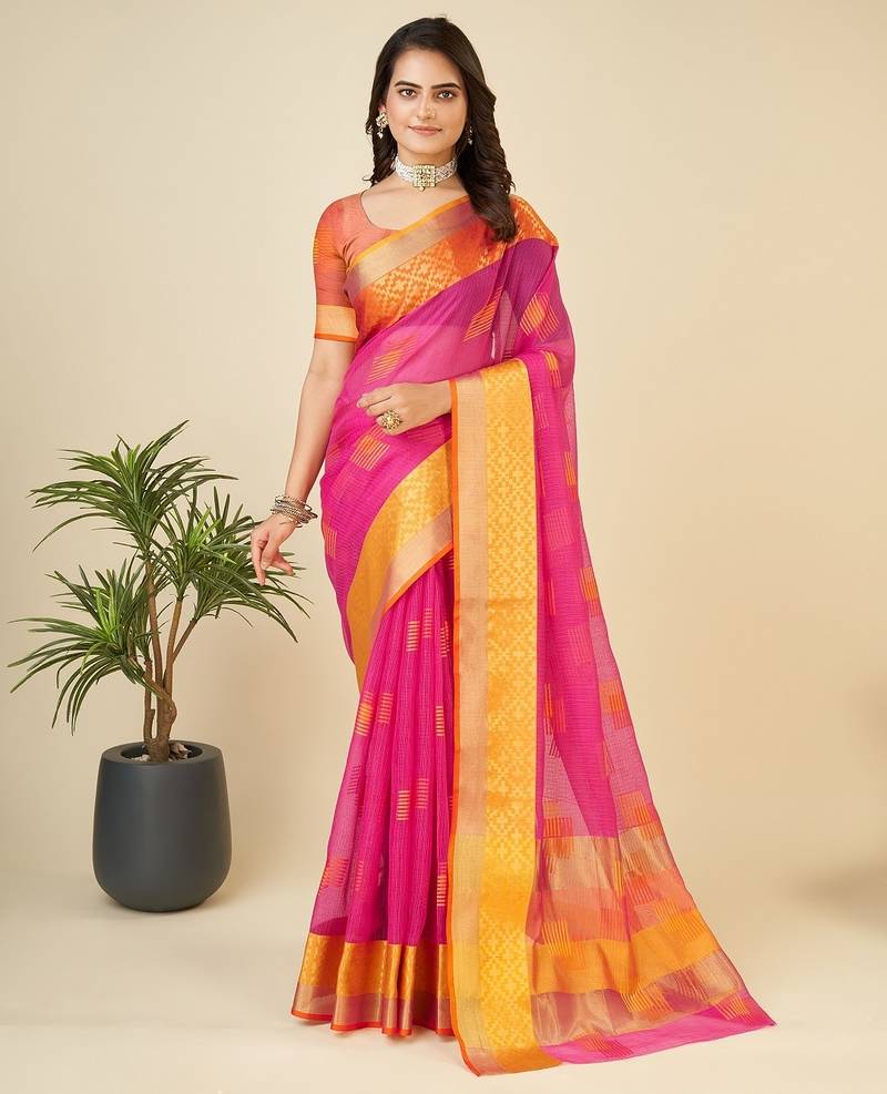 Pink woven self design kota doria kota doria saree with blouse