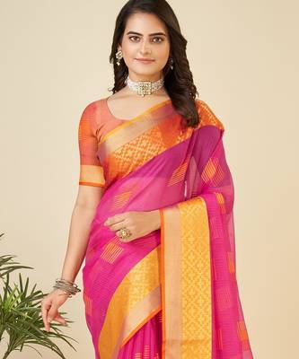 Pink woven self design kota doria kota doria saree with blouse 2