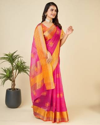 Pink woven self design kota doria kota doria saree with blouse 4