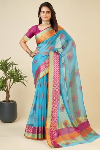 Sky blue woven self design kota doria kota doria saree with blouse